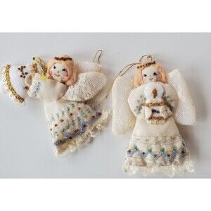 Vintage Handmade Angel Christmas Ornaments Set Beaded Lace Embroidered Folk Art